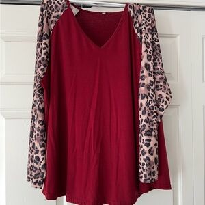 Amazon Burgundy Top with Leopard Print Sleeves